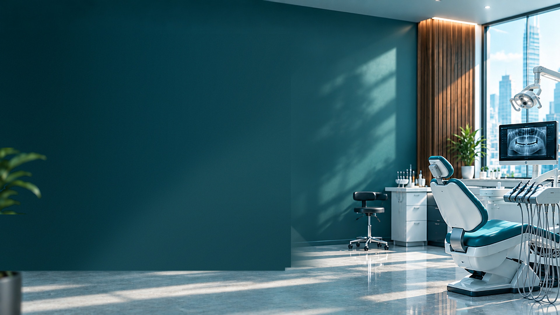 Modern dental clinic treatment room with a teal chair, panoramic X-ray, and city skyline